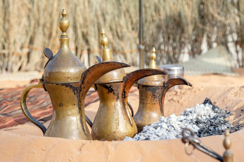 Arabic traditional coffee pots, hospitality drink in Arabic culture, UAE heritage concept