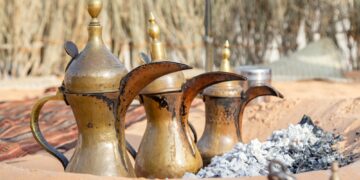 Arabic traditional coffee pots, hospitality drink in Arabic culture, UAE heritage concept