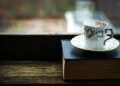 Coffee cup with old book
