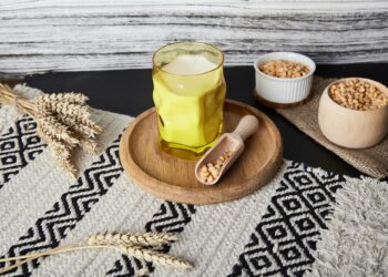 Glass of plant-based vegan pea milk. Healthy, lactose free milk