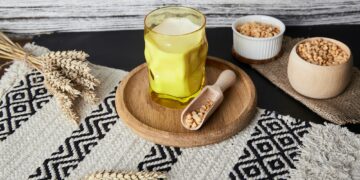 Glass of plant-based vegan pea milk. Healthy, lactose free milk