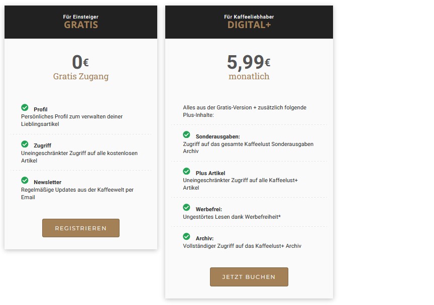 Vergleichstabelle zweier Abo-Modelle: Gratis und Digital+ für 5,99 Euro monatlich