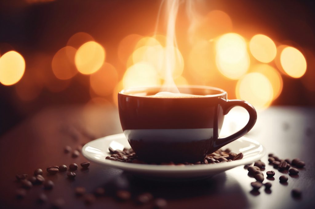 Dampfende Kaffeetasse auf Untertasse mit Kaffeebohnen, Lichtreflexe im Hintergrund