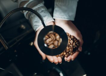 Coffee cooling in roaster machine at coffee roasting process.