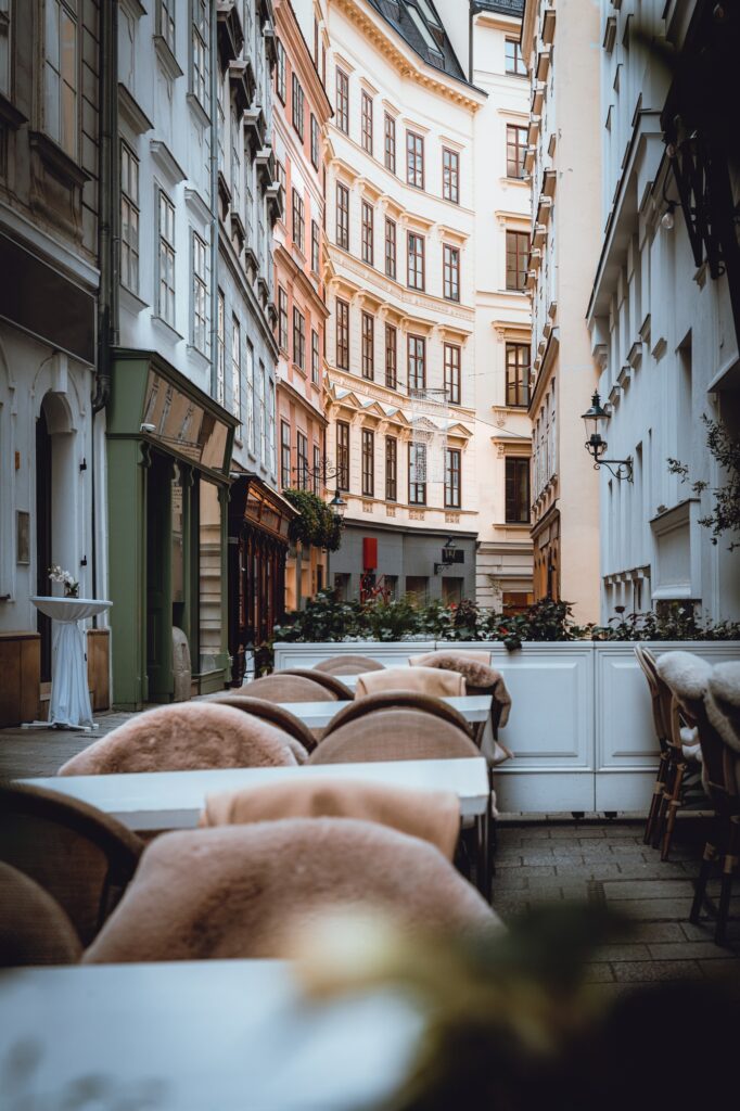Outdoor seating in a beautiful street in Vienna