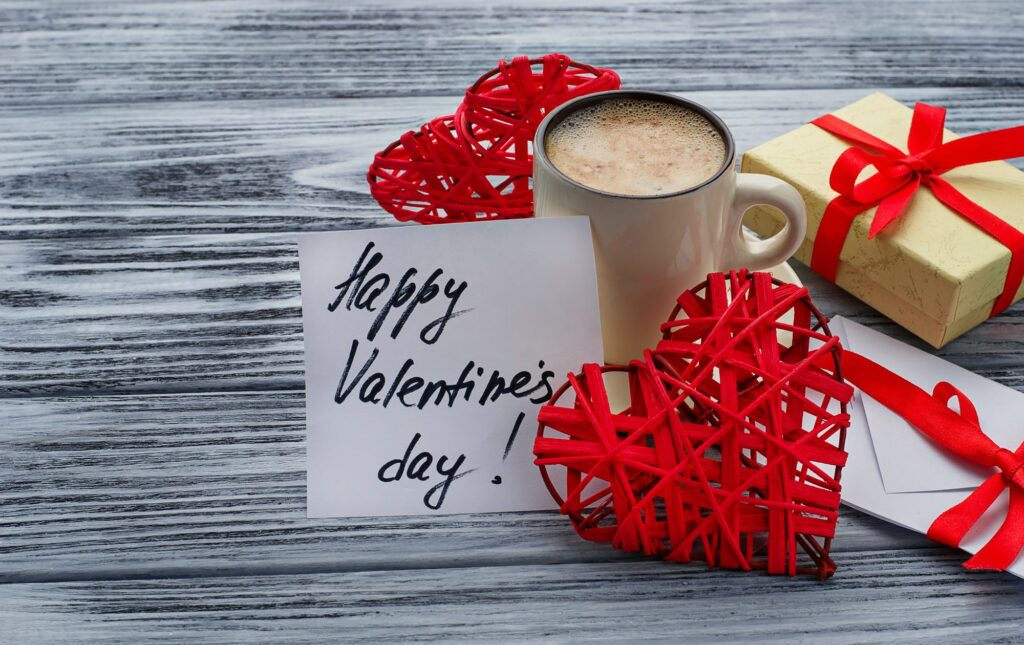 Hearts, cup of coffee, gift box