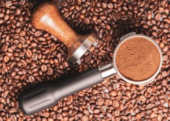 Portafilter container and tamper with whole beans on the table