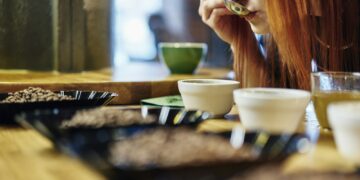 Close up woman tasting bowls of coffee at coffee shop tasting