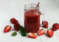 Jar with strawberry smoothie