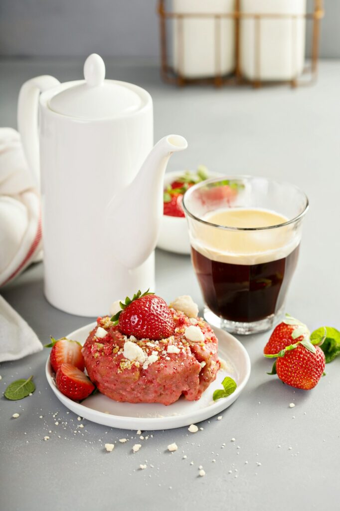 Strawberry shortcake donuts with coffee