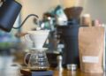Third wave coffee brewing method: V60 coffee dripping iview from a vintage coffee shop.